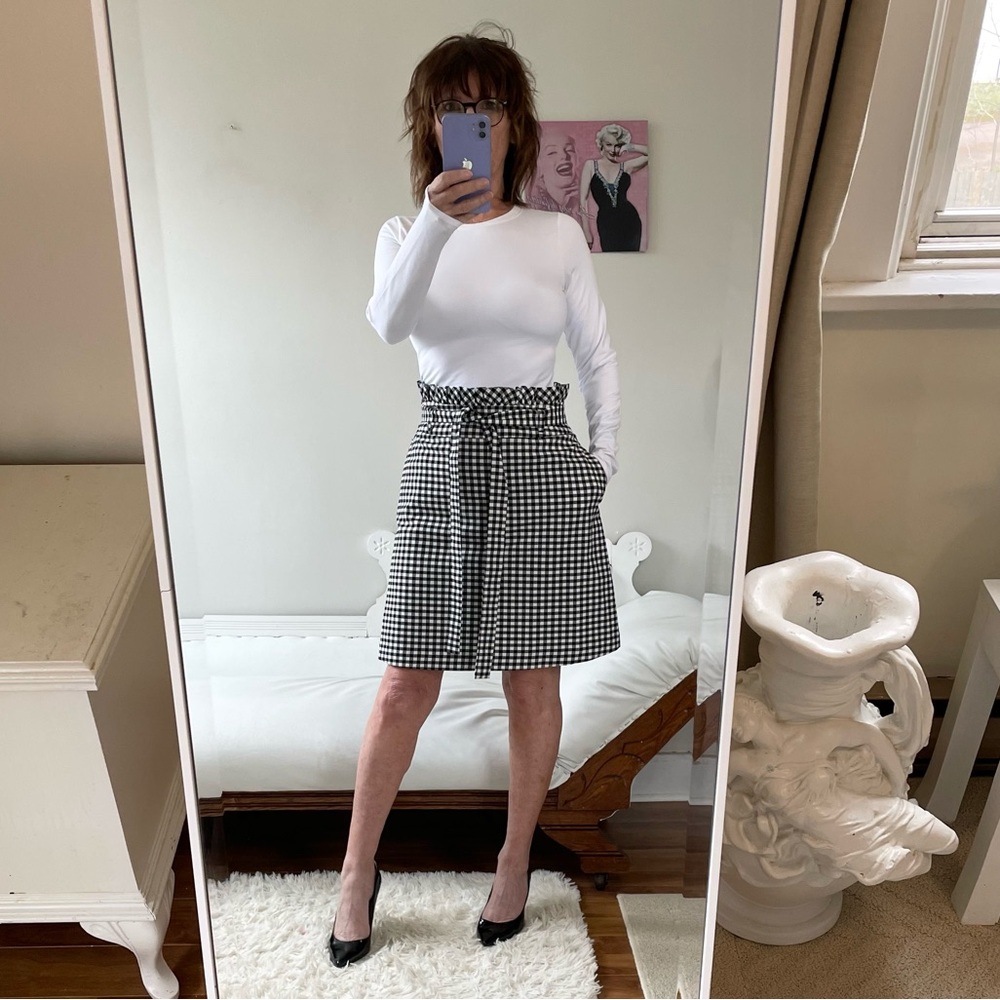 CYNTHIA ROWLEY BLACK WHITE GINGHAM PAPER BAG SKIRT TIE BELT POCKETS PLAID